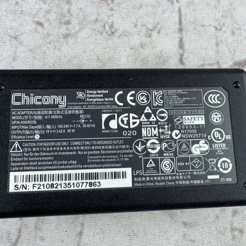 Chicony A11-065N1A 65W AC Adapter 19V 3.42A A065R035L Acer Laptop Charger